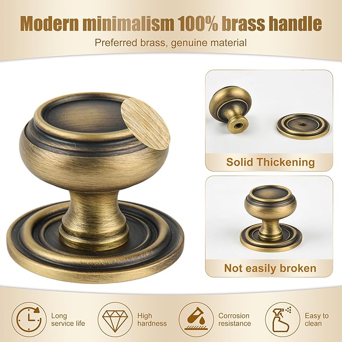 2 Pack Matt Bronze Solid Brass Kitchen Cabinet Knobs,Drawer Pulls, 1.18 Inch 30mm Diameter, Modern Furniture Handles for Cupboard Wardrobe(Antique)
