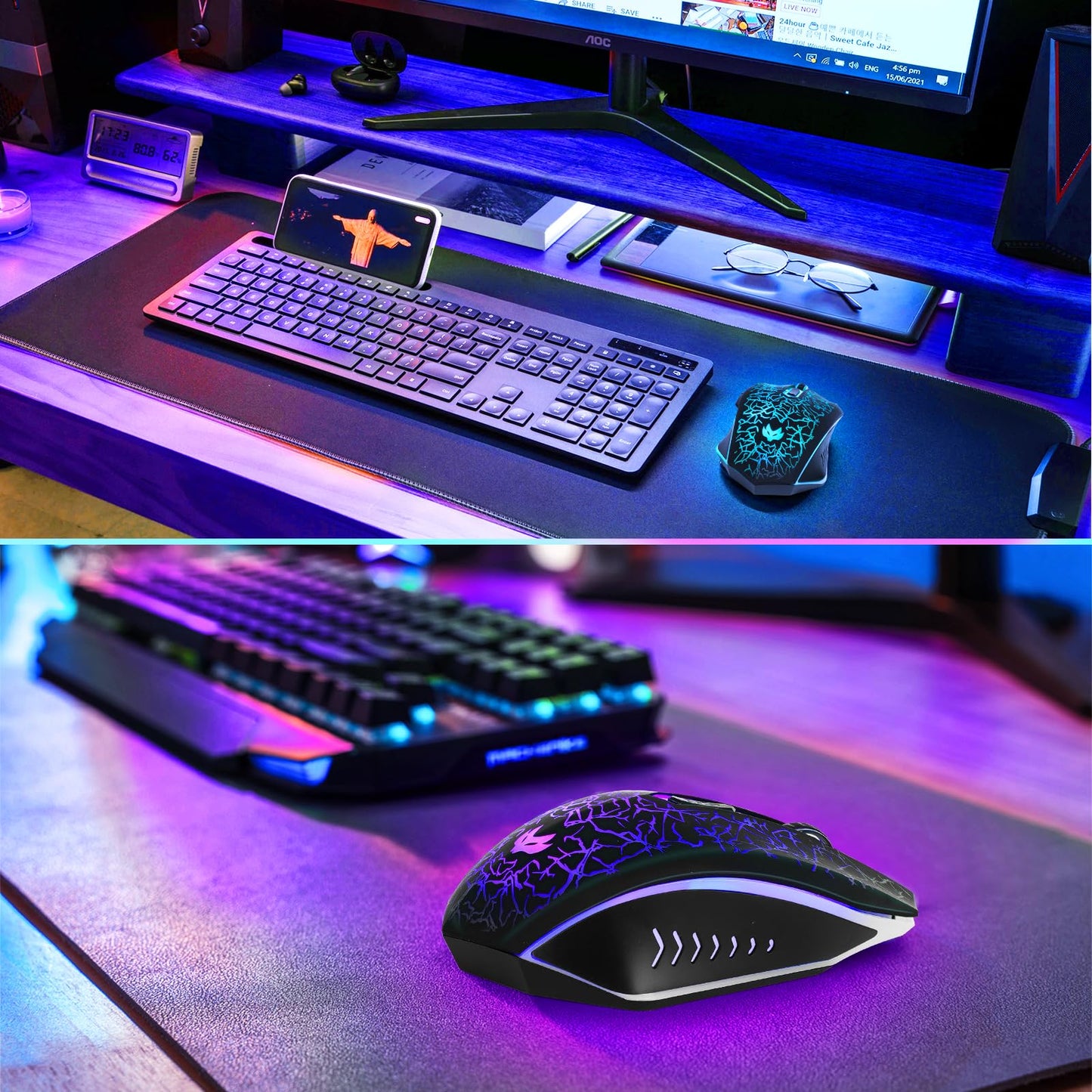 Wireless Gaming Mouse, Rechargeable Wireless Computer Mouse, 7-Color LED Light, Ergonomic Mouse with 6 Silent Click Buttons, 3 Adjustable 2400 DPI Wireless Mouse for Laptop,PC,Mac, Black