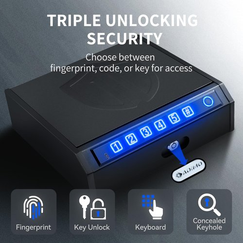 ADIMO Hand Gun Safe, Biometric Gun Safe for Handgun, Pistol with 3 Quick-Access Way Fingerprint/Keypad/Key, SafeBox w/Mute Function for Secure Storage for Bedside Nightstand Car