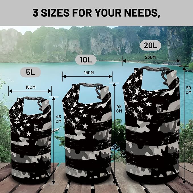 Waterproof Dry Bag,Roll Top Grey Camouflage American Flag Waterproof Backpack 5L/10L/20L Floating and Lightweight Bags for Kayaking, Boating, Fishing, Swimming and Camping with Waterproof Phone Case