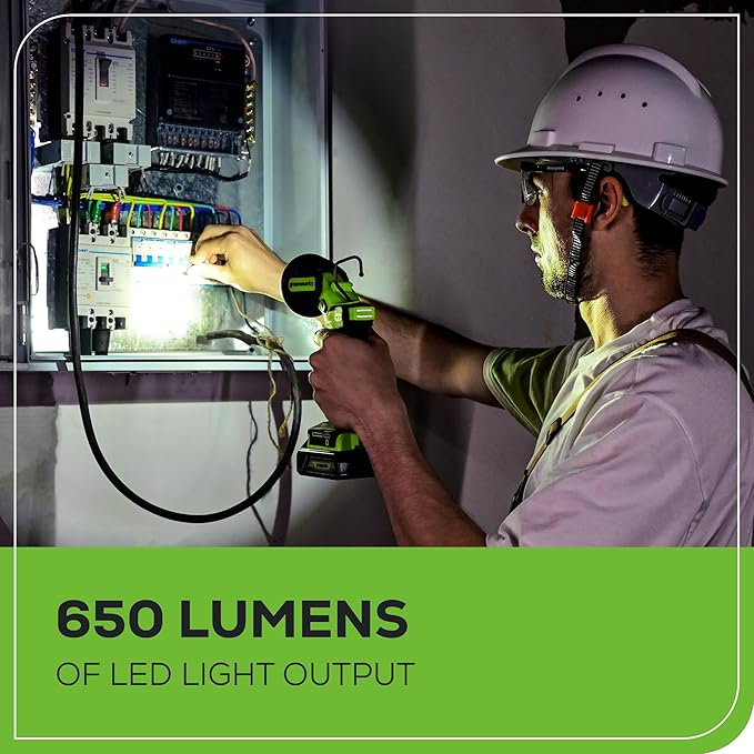 Greenworks 24V 2-in-1 Magnetic Work Light, 650 Lumens LED Spotlight and Project Light Tube, Pivoting Head, 3 Mode, SOS Function, with 2Ah Battery and Charger