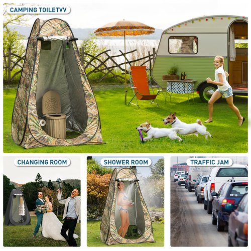 Thallike Portable Camping Toilet with Pop-Up Privacy Tent, 12-inch Toilet Seat, Outdoor Portable Folding toilet Potty for Adults Load Capacity of 400 Lbs, LED-Light Camping Bathroom