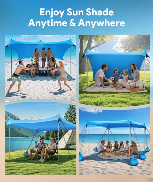 Raynesys Beach Tent Sun Shelter, 10 x 10 FT Beach Canopy Tent Sun Shade, UPF50+ Tents Canopy with 8 Sandbags & 4 Stability Poles, Outdoor Tents for Camping Fishing, Sky Blue