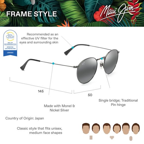 Maui Jim Pukaua Round Sunglasses, Shiny Dark Ruthenium/Neutral Grey Polarized, Medium