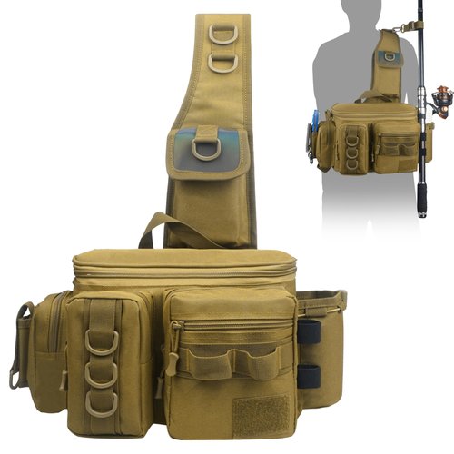 OROOTL Fishing Sling Bag with Rod Holder, Portable Fishing Backpack Lightweight Fishing Fanny Pack Waterproof Crossbody Fishing Gear Storage Bag for Men Women Gift
