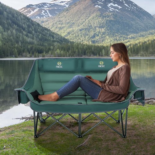 Nice C Double Padded Camping Chair, Oversized Loveseat Camping Chair, Outdoor Camping Couch for Adults, Lawn Chairs, Extra Padded, with Cup Holder, Cooler Bag, Bottle Opener (Green)