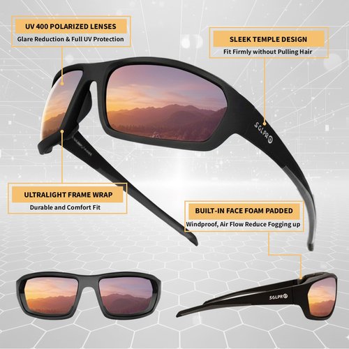 SOL PRO Polarized Motorcycle Riding Sunglasses Wraparound Frame Foam Padded UV Protection, Golfing, Fishing, Fit Men and Women