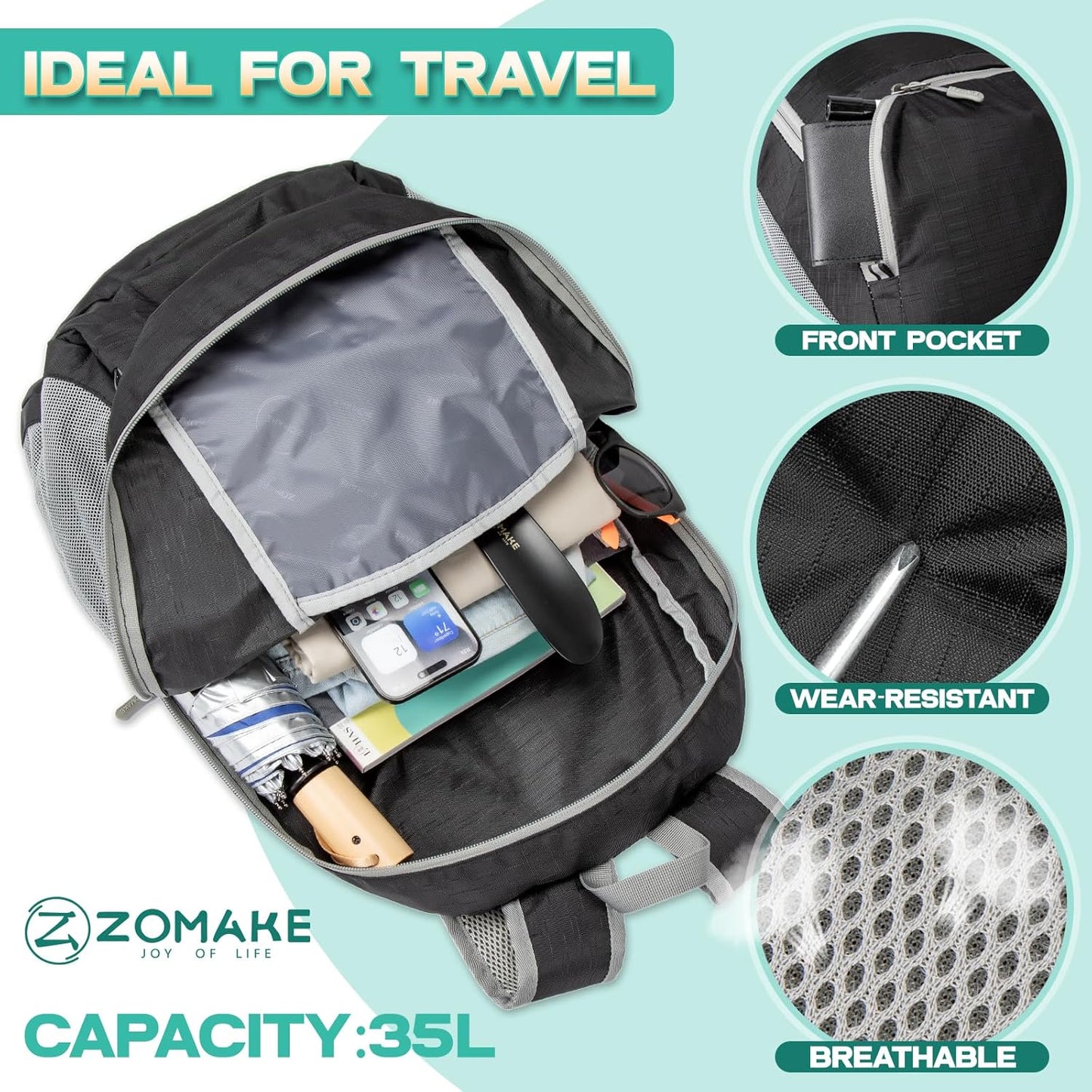 ZOMAKE Lightweight Packable Backpack 35L, Light Foldable Backpacks Water Resistant Collapsible Hiking Bag, Compact Folding Day Pack for Travel Camping(Black)