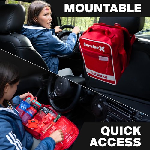 SurviveX Large First Aid Kit for Car, Travel & Home - Emergency Kit for Hiking, Camping, Backpacking and Outdoors - Includes Zip Stitch Wound Closure Strips