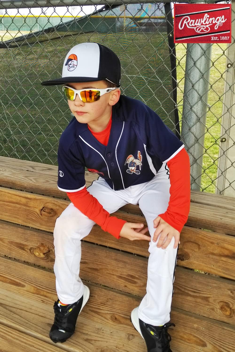 Rawlings Youth Sport Baseball Sunglasses, Lightweight Stylish Shield Lens, 100% UV Poly Lens, Secure Fit, Superior Clarity - White/Orange