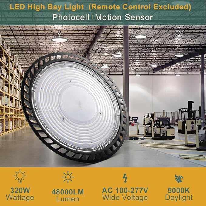 Smart 320W LED High Bay Light with Motion Sensor, 48000lm (Eqv.1200W MH/HPS) High Bay LED Shop Light 100-277V Commerical Grade UFO Lights（Remote Buy Separate）