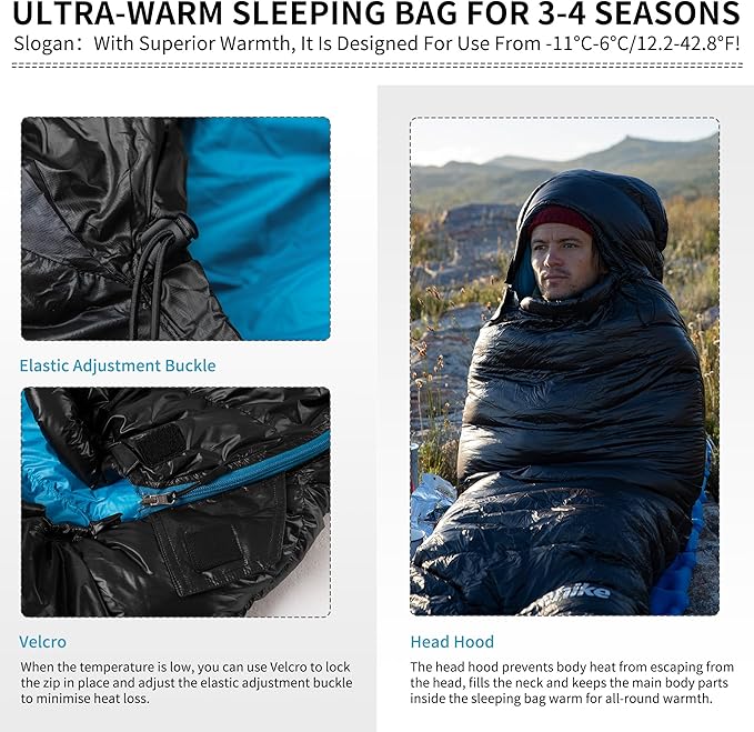 Naturehike Ultralight Down Sleeping Bag, 650FP, 3-4 Season, Adults, 32-42, Waterproof, Compact, Camping, Hiking