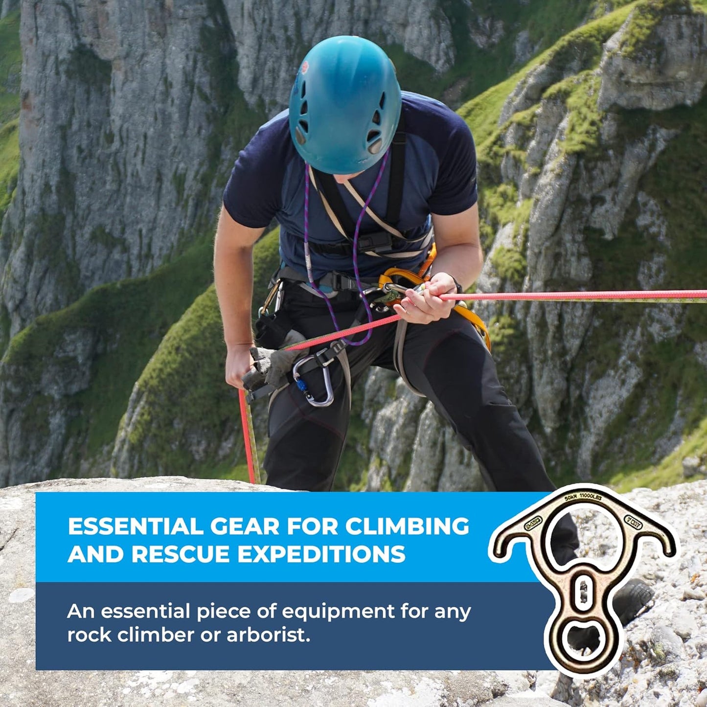 Rock-N-Rescue Steel Rescue 8 with Ears | High-Strength Steel for Controlled Descents | 40kN Breaking Strength | Ideal for Arborists, Outdoor Adventurers, Rescue Gear
