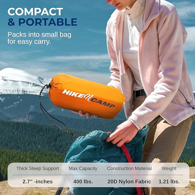 SereneLife Camping Mattress, 2.7" Backpacking Inflatable Air Mattress for Camping, Waterproof Lightweight Sleeping Mat with Carry Bag, Tear-Resistant Nylon for Hiking, Travel, Outdoor, Orange
