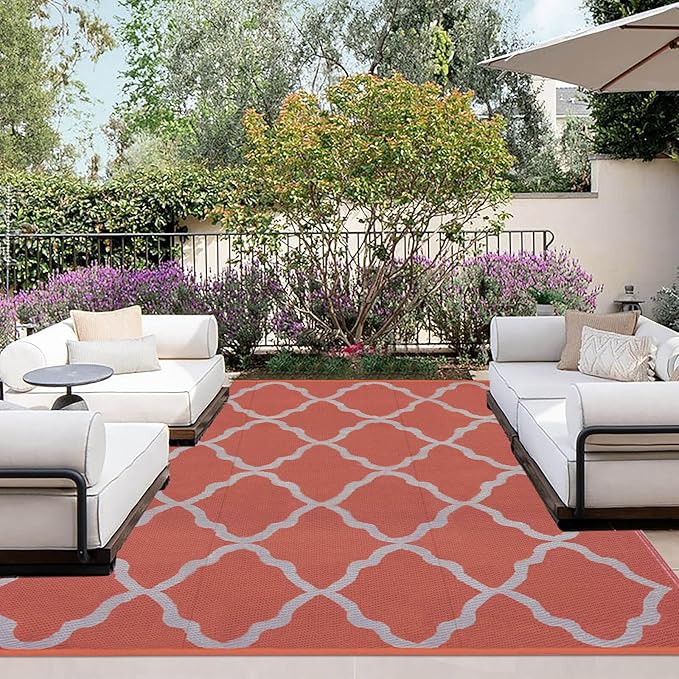 OutdoorLines Outdoor Plastic Area Rug for Patio 4x6 ft - Reversible Outside Carpet, Stain & UV Resistant RV Mats, Straw Rug for Camping, Deck Garden, Porch and Balcony, Moroccan/Orange & Light Grey