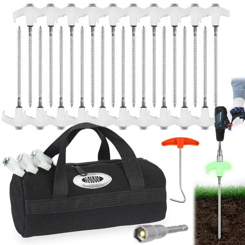 NVAAV 20 Pcs 8" Heavy Duty Drill Tent Stakes with Storage Bag, Glow-in-The-Dark Ground Anchor Peg, Metal Threaded Screw-in Tent Stake for Camping Swing Canopies with 1 Hex Nut Driver, Peg Puller