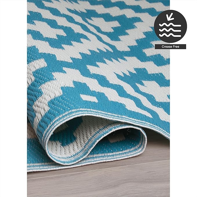 FH Home Outdoor Rug - Waterproof, Fade Resistant, Reversible - Premium Recycled Plastic - Geometric - Patio, Deck, Porch, Balcony, Laundry Room - Aztec - Teal & White Crease Free - 4 x 6 ft