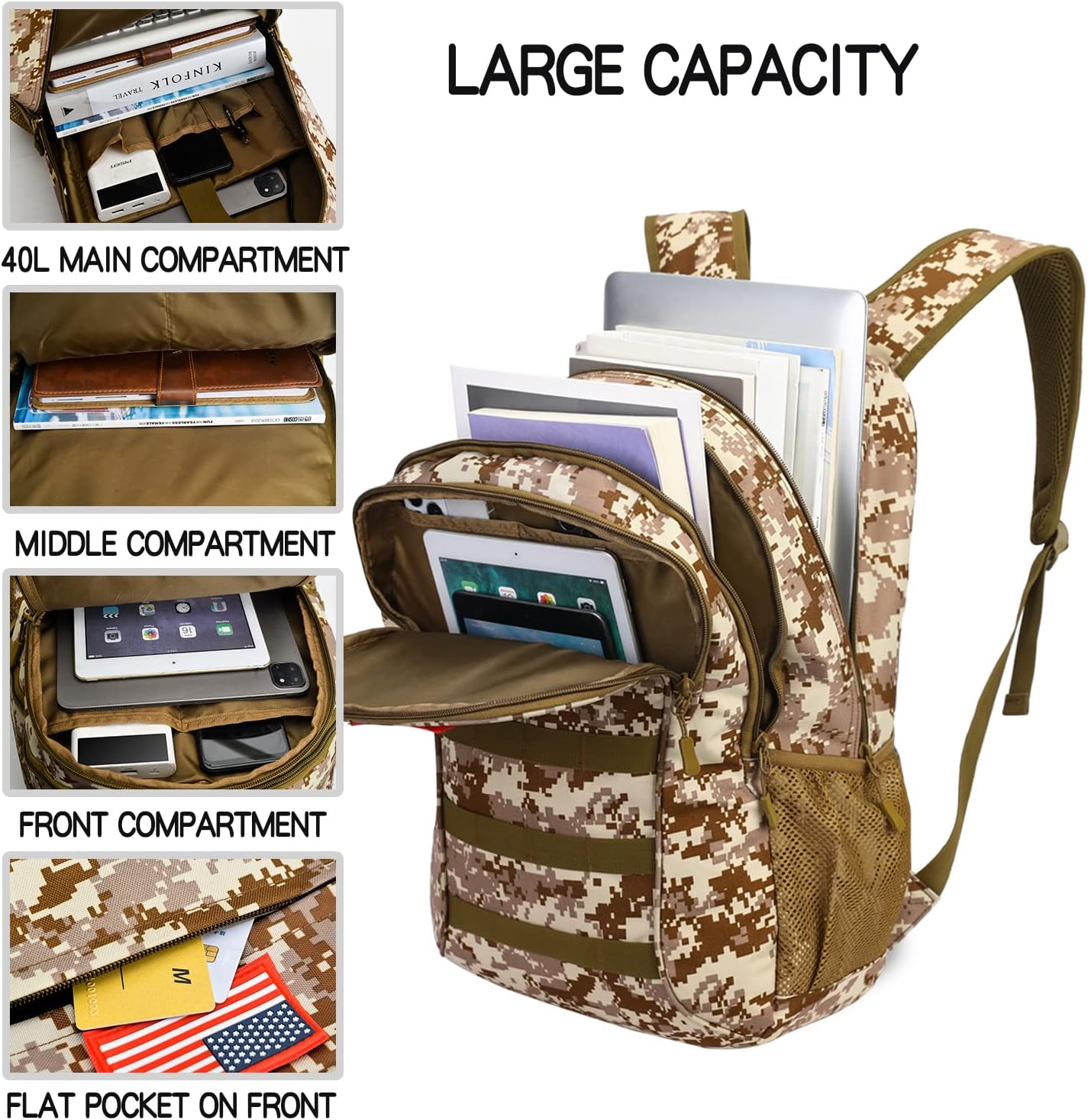 outdoor plus Camo Backpack,Military Boys Backpacks for School,40L Army Bookbag with USB Charging Port Waterproof