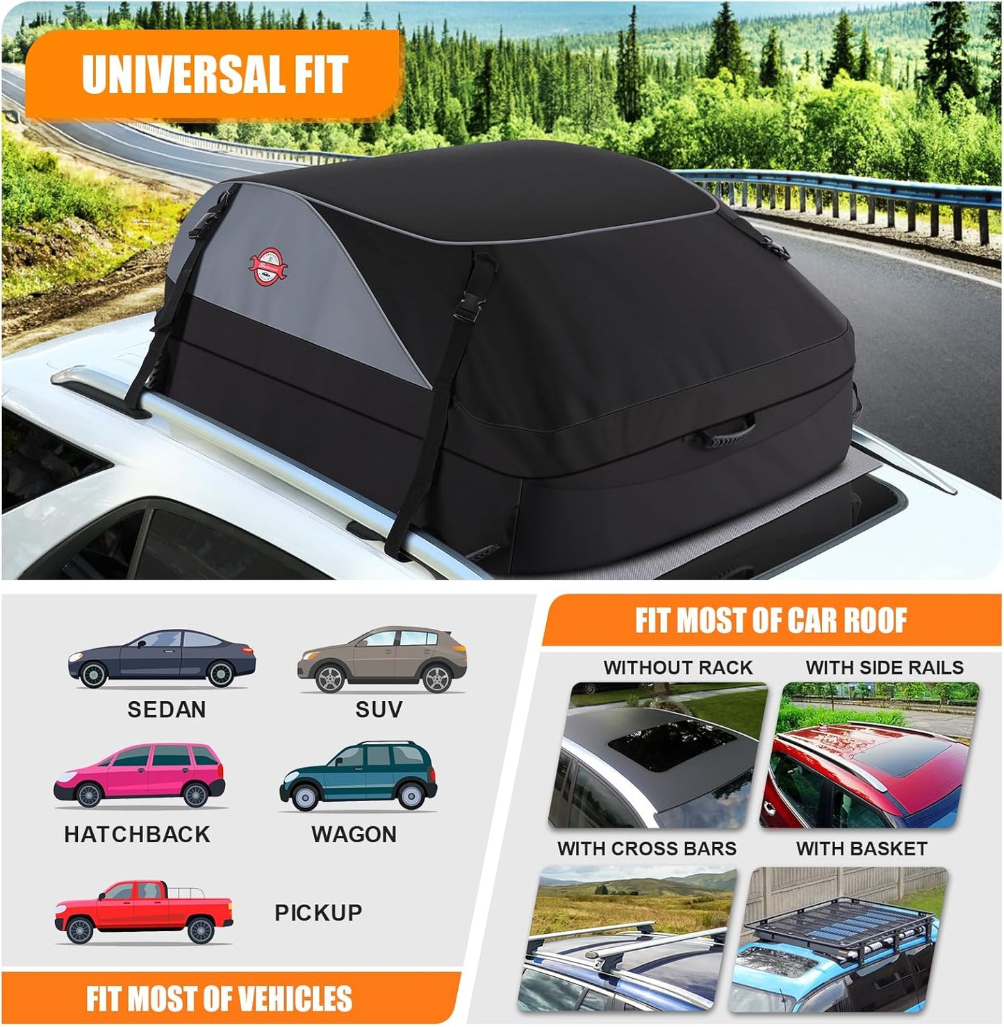 Sailnovo Car Rooftop Cargo Carrier Roof Bag, 20 Cubic feet Waterproof Roof Cargo Carrier fit car with/Without Luggage Rack - Vehicle Soft Shell Roof Cargo Box with Tie-Down Strap, Safety Hook