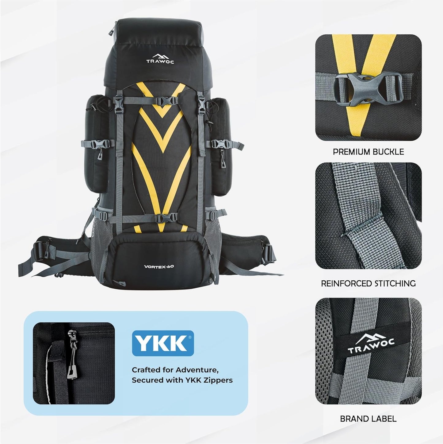 VORTEX 60L Travel Backpack - Hiking, Trekking Rucksack for Men & Women - HK004 - Black