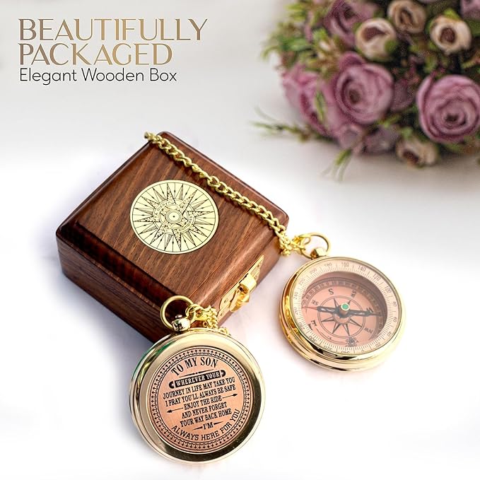 to My Son Compass with Wooden Box-Mom to Son Compass–Father to Son Gifts- to My Grandson -Graduation Day Gifts for Son-Birthday, Baptism, Graduation, Confirmation, Communion Compass for Women Men