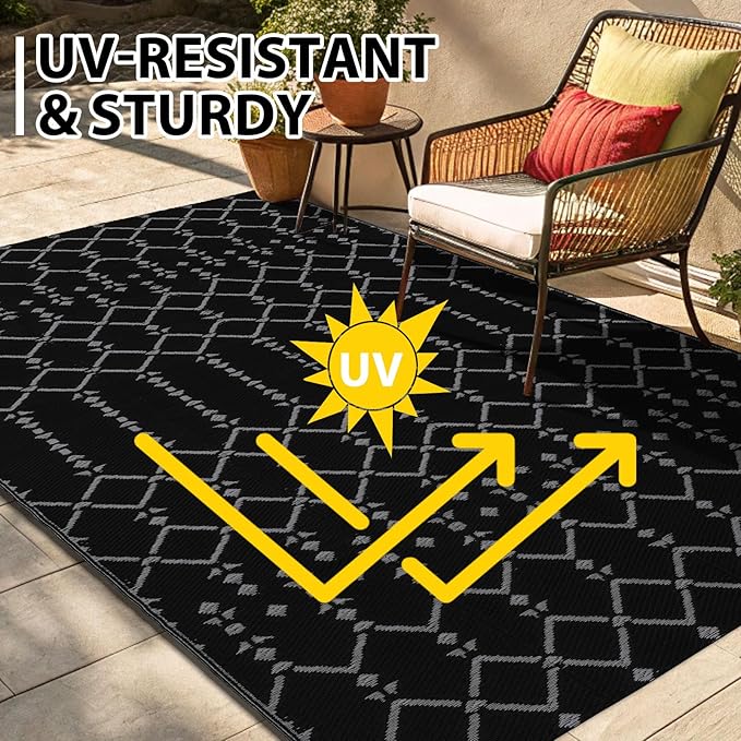 Smiry Outdoor Rug 6x9 ft, Waterproof Reversible Plastic Straw Rugs, Boho Outdoor Area Rug, Outside Floor Mat for Patio, Backyard, Deck, Picnic, Beach, Camping, Dark Grey