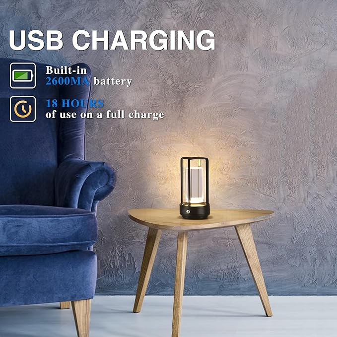 Portable Metal Table Lamp,Cordless Table Lamp, Rechargeable Battery Powered Portable LED Desk Lamp, 3 Color Stepless Dimming Touch, for Bedroom Restaurant Home Outdoor(Black)