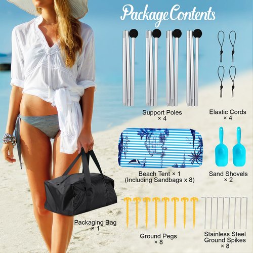 Rhino Valley Beach Tent, 10x10 FT Beach Shade UPF50+ Protection, Beach Canopy with 8 Sandbags 4 Stability Poles, Outdoor Beach Tent Sun Shelter Umbrella for Sand,Camping,Fishing Essentials, Black Tree