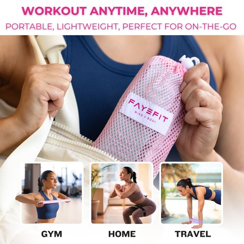 FayeFit Resistance Bands for Working Out – Exercise Bands Resistance Loops, Workout Bands, Physical Therapy Bands. Set of 5 Stretch Bands for Exercise at Home + Carry Bag. Legs, Booty, Arms.