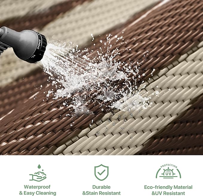 GENIMO Outdoor Rug Waterproof for Patio Decor, 10'x20' Foldable Reversible Plastic Straw Carpet, Outside Area Mat for Rv, Deck, Picnic, Porch, Camper, Balcony, Beach, Coffee & Brown