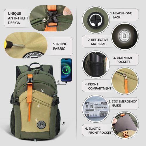 PS Le Periple Small Hiking Backpack, 20L Lightweight Travel Backpack with Phone Pocket, Hiking Daypack for Women Men,Olive green