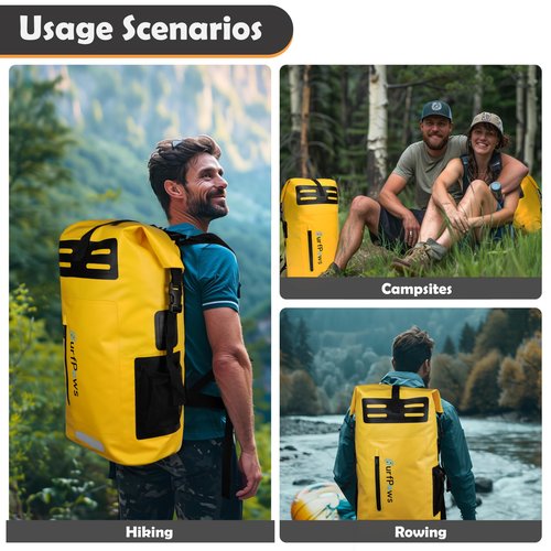 SurfPaws Waterproof Backpack - Outdoor Dry Bag for Boating, Camping, Rafting, Fishing, and More, with Waterproof Phone Pouch (Yellow, 35L)