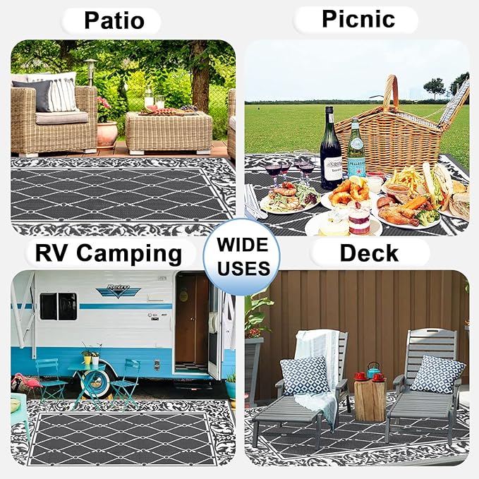OutdoorLines Indoor Outdoor Rugs for Patio 5x8 ft - Reversible Outside Carpet, Stain & UV Resistant Portable RV Mats, Plastic Straw Rug for Camping, Pool Deck, Porch Rhombus Gray & White