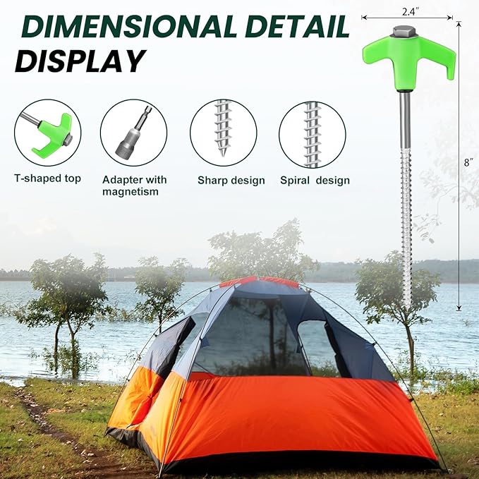 8" Screw in Tent Stakes 20PCS - Ground Anchors Screw - Screw in Tent Stakes Heavy Duty- Tent Pegs Camping Stakes- Hex Pegs Drillable Tent Stakes and Hexagon Head Drive and Storage Box (Green)