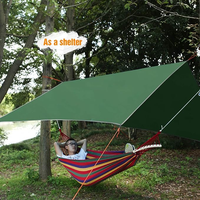 REDCAMP Hammock Rain Fly Camping Tarp Waterproof, 10x10ft Lightweight Backpacking Rain Tarp Shelter for Hiking Outdoor, Green