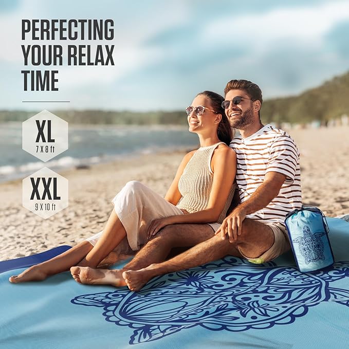 VENTURE 4TH Family-Size Beach Blanket: Sandproof, Waterproof, Lightweight & Compact. Includes Stakes and Carry Bag. 9x10 feet XXL Mandala Turtle