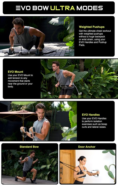 EVO Bow - All in One Portable Home Gym System | Compact Strength Training and Exercise Equipment for Travel with Notched Resistance Bands for Full Body Training and Weighted Pushups | 300lbs (Ultra)