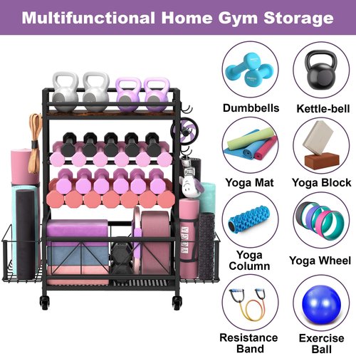 Qriocioa Dumbbell Rack, Home Gym Storage, Gym Storage Rack with Hooks and Wheels,Gym Equipment Storage,Weight Rack for Dumbbells for Organizing Yoga Mats, Kettlebells,Dumbbells, Foam Rollers and ball