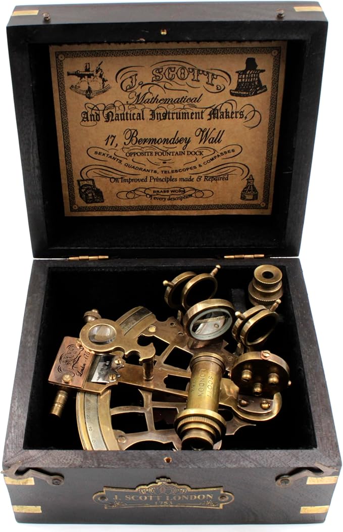 OCEAN REPLICAS J. Scott London Brass Ship History Sextant with Hardwood Box. Vintage Solid Antique Brass Nautical Functional Maritime Sextant | Nautical Navy Decor Gifts