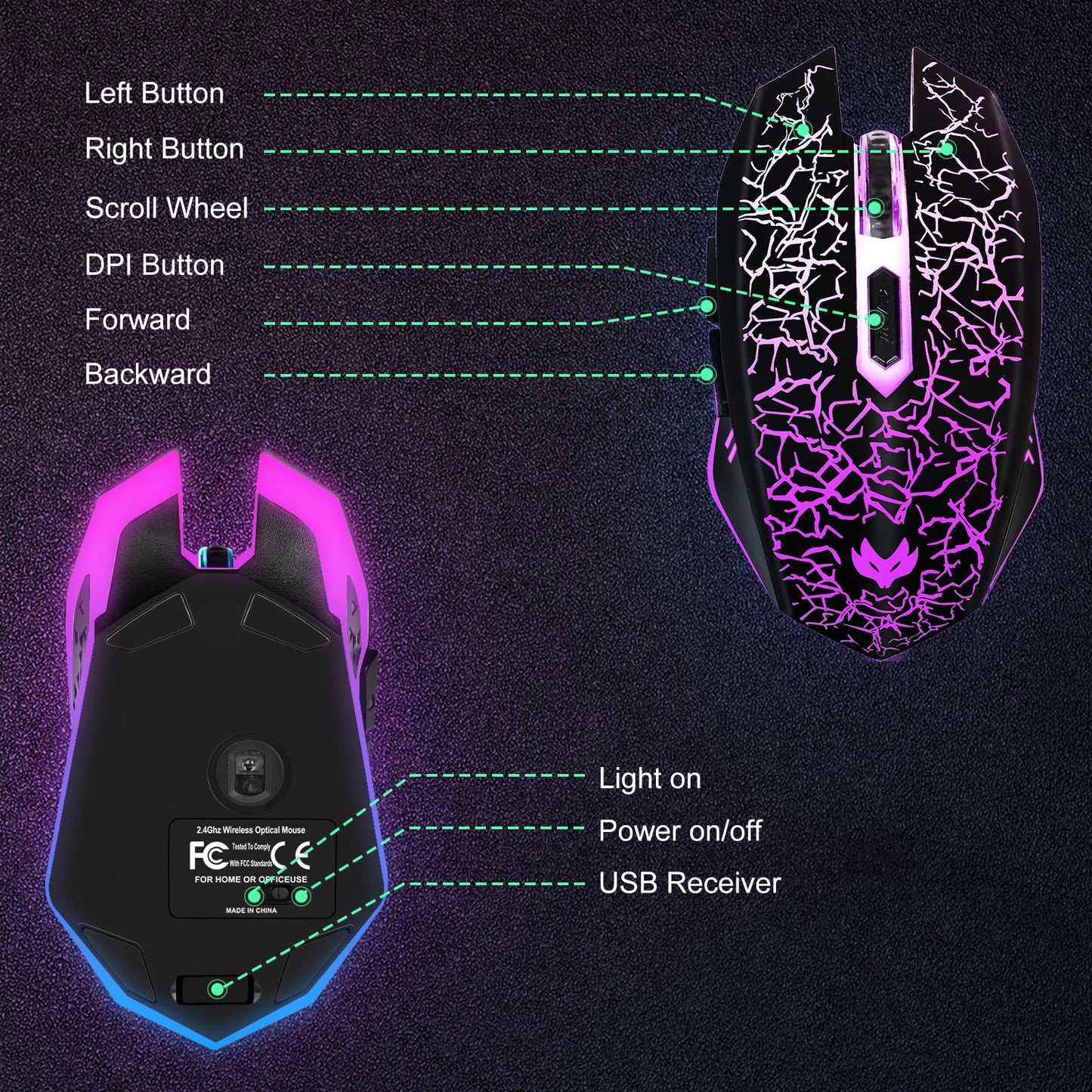 Wireless Gaming Mouse, Rechargeable Wireless Computer Mouse, 7-Color LED Light, Ergonomic Mouse with 6 Silent Click Buttons, 3 Adjustable 2400 DPI Wireless Mouse for Laptop,PC,Mac, Black
