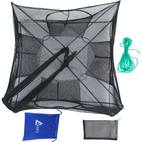 Drasry Black Fishing Bait Trap Foldable Fish Net for Minnow Crab Crayfish Crawdad Shrimp Trap Cast Net Dip Cage Collapsible Easy Use 4 6 Hole Fishing Accessories (Black-4 Holes)