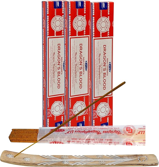Satya Dragon Blood Incense Sticks, Satya sai Baba Insenses 15gmx3 (45 gm) Pack with Raajsee Incense Holder Bundle, Satya Nag Champa Natural Incense