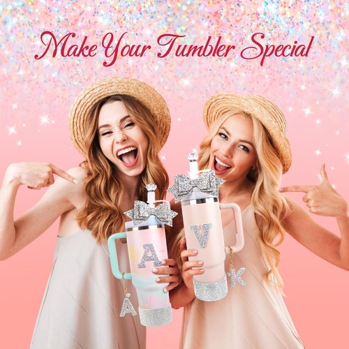 Lingdeer Water Bottle Accessories Set for Stanley Cup 30Oz 40Oz, Bling Letter Charms, Diamond Straw Cover, Glitter Silicone Boot, Personalized Sticker, Bow Straw Topper for Stanley Cup Accessories (S)