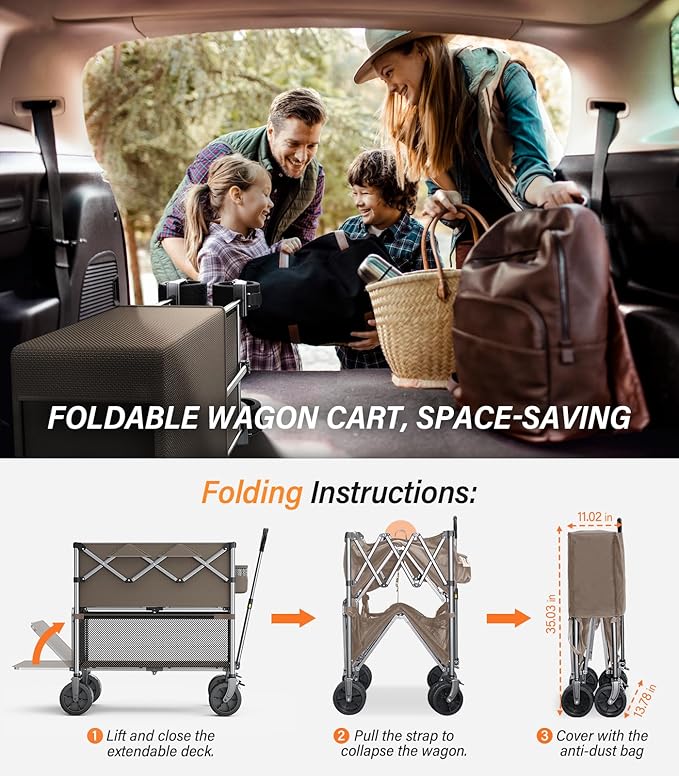 Collapsible Wagon Double Decker,WagonsCarts Foldable,Heavy DutyWagon Camping Sports Garden Grocery,UtilityWagon for All Terrain Brown