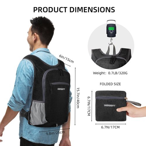 DENSENY 15L Hiking Backpack Travel Daypack Lightweight Small Foldable Packable Back Pack for Men and Women (Black, 15L)