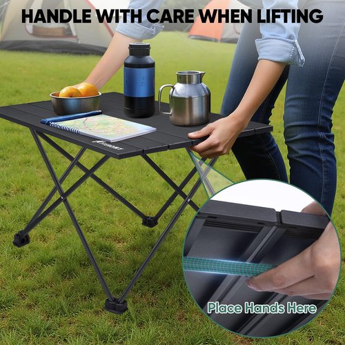 PTEROMY Medium Folding Camping Table, Portable Beach Table with Ultralight Aluminum Tabletop for Travel, Outdoor, Camping, Picnics, and BBQs (Black)