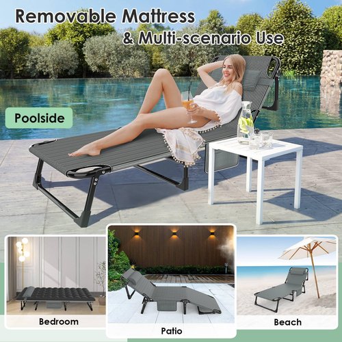 Slendor Folding Camping Cot for Adults, 5 Positions Adjustable Outdoor Bed, Lounge Chair, 1200D Layer Oxford Travel Cot With Mattress, Storage Bag, Black W/Gray Pad