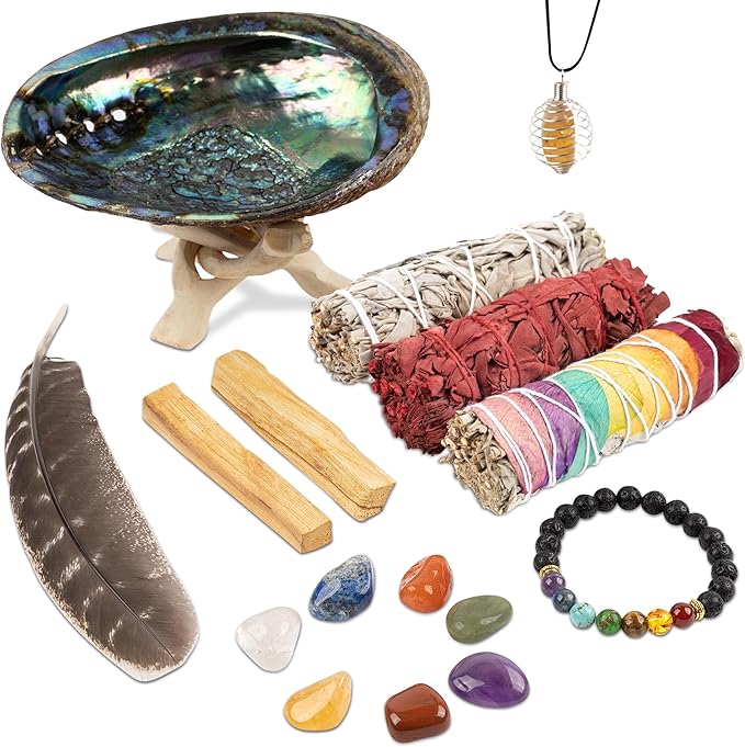 Wish Well Sage Smudge Kit ~ 4" Dragon Blood, Chakra Sage, White Sage Smudge Stick, 2 Palo Santo Sticks, Abalone Shell, Stand, Feather, 7 Chakra Stones & Crystal Bracelet ~ Cleansing House & Meditation