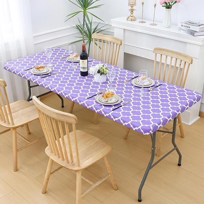 Smiry Rectangle Picnic Table Cover, Waterproof Elastic Fitted Camping Tablecloths for 8 Foot Tables, Wipeable Flannel Backed Vinyl Tablecloth Protector for Indoor, Outdoor (Lavender, 30x96 Inches)