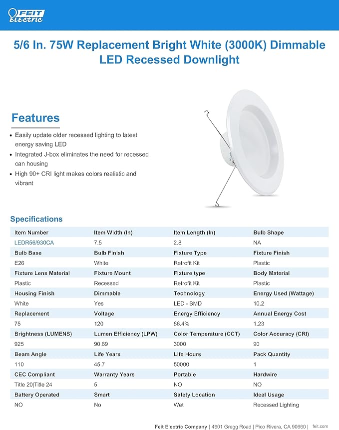 Feit Electric 5-6 inch LED Recessed Downlight - Pre-Mounted Trim - Standard Base Adapter - 3000K CCT Bright White - Dimmable- 75W Equivalent - 45 Year Life - 925 Lumens, LEDR56/930CA
